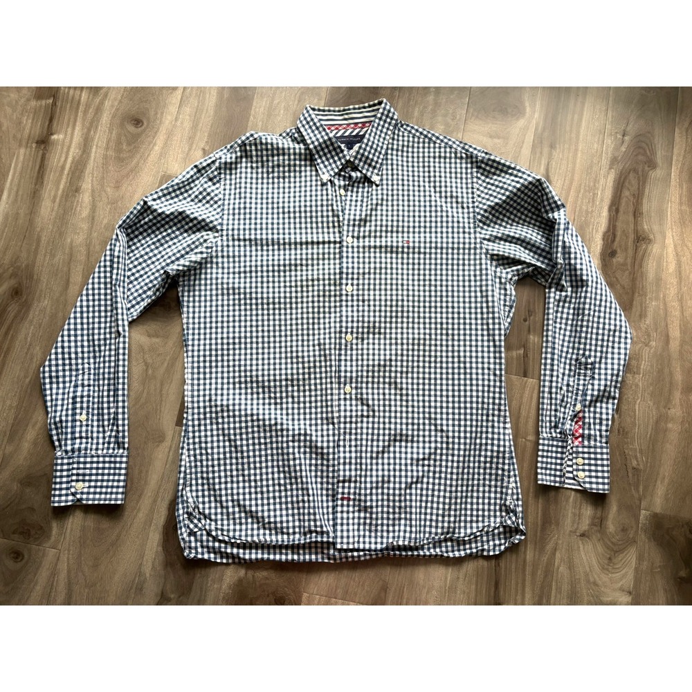 Tommy Hilfiger Mens Blue Gingham Check Casual Button Down Shirt Size Large